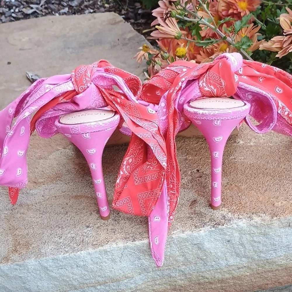 Gianni Bini Dannijo Pink Bandana Festival Wrap Heels Leather Sole Size 9 NWOB - Picture 6 of 12